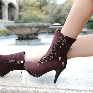 Women platform stiletto high heel side lace up zipper heeled booties