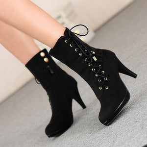 Women platform stiletto high heel side lace up zipper heeled booties