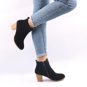 Women chunky heel side zipper round toe ankle boots