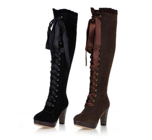 Women criss cross lace up round toe chunky knee high boots