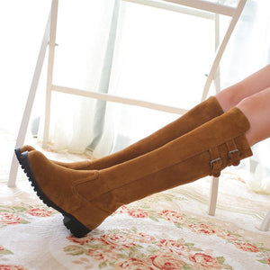 Women chunky heel platform double buckle strap slip on knee high boots