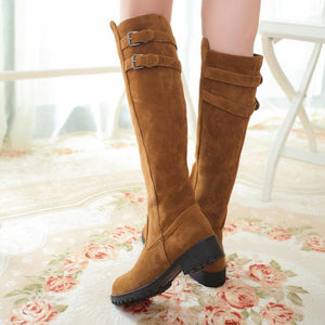 Women chunky heel platform double buckle strap slip on knee high boots