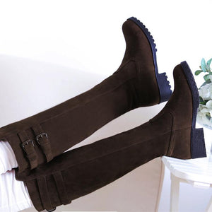 Women chunky heel platform double buckle strap slip on knee high boots