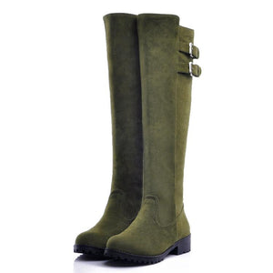 Women solid color buckle strap slip on knee high boots
