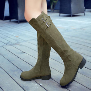 Women solid color buckle strap slip on knee high boots