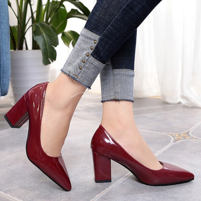 Women solid color pointed toe slip on chunky heels