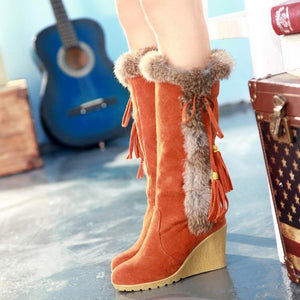 Women Keep Warm Lining Faux Fur Wedge High Heel Fringe Snow Boots