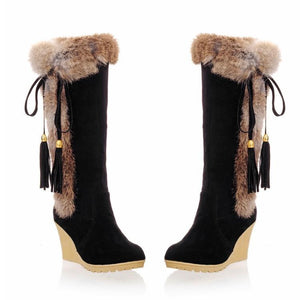 Women Keep Warm Lining Faux Fur Wedge High Heel Fringe Snow Boots