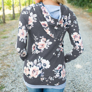 Women flower printed slim fit pullover hoodie sweatshirt