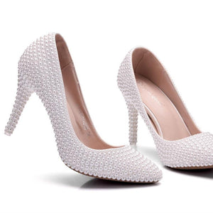 White imitation pearls wedding stiletto heels 3.5"