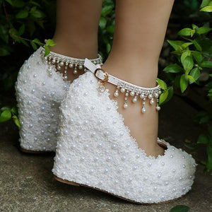 White lace platform wedge wedding shoes with ankle tassels pearls