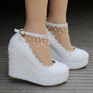 White lace platform wedge wedding shoes with ankle tassels pearls