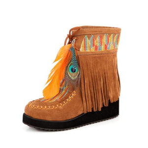 Folk Custom Feather Embroidery Platform Suede Women Fringe Boots