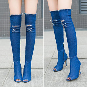 Fashion Stiletto High Heel Peep Toe Hollow Out Breathable Elastic Over The Knee Boots