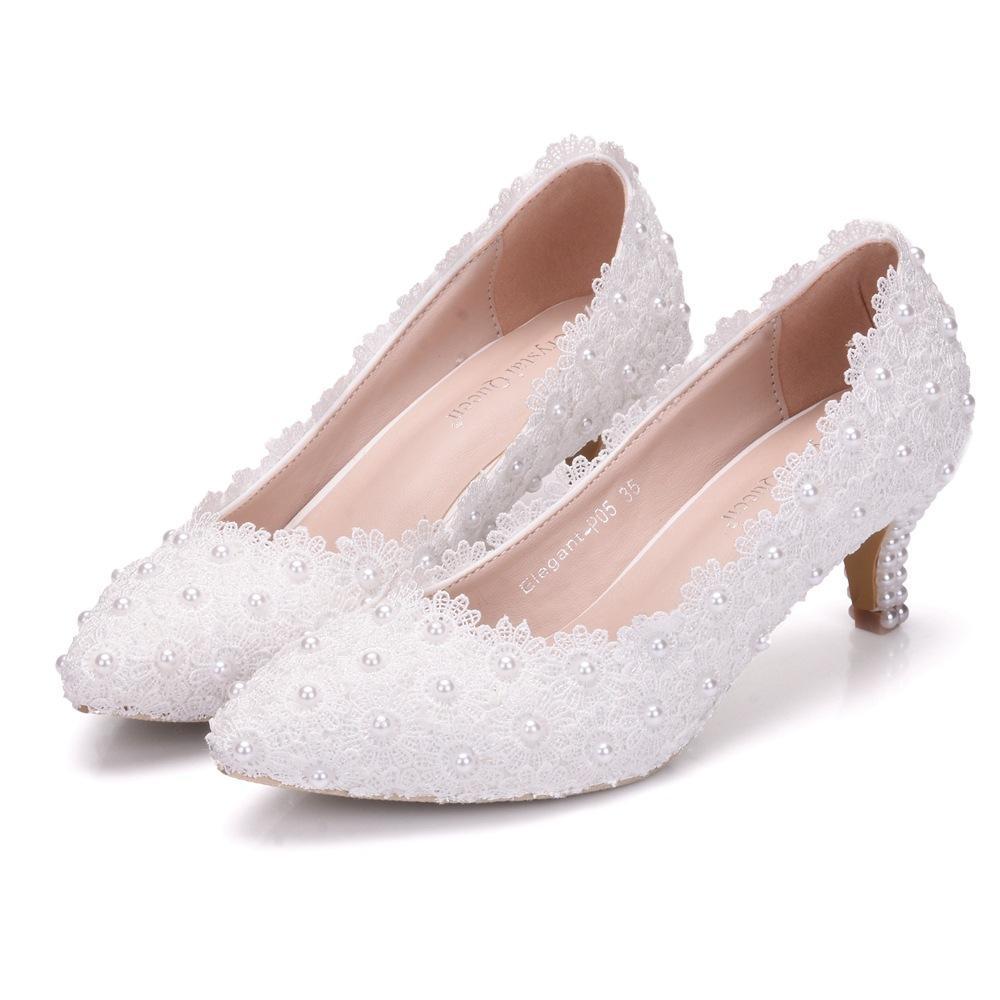 Women's white floral lace wedding pumps