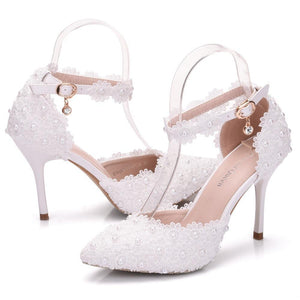 White lace closed toe ankle strap wedding heels