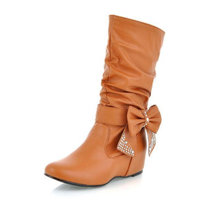 Women rhinestone bowknot fashion slouch mid calf boots