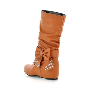 Women rhinestone bowknot fashion slouch mid calf boots