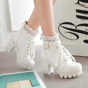 Ankle Strap Laces Chunky High Heel England Style Lace Up Boots