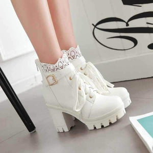 Ankle Strap Laces Chunky High Heel England Style Lace Up Boots