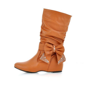 Women rhinestone bowknot fashion slouch mid calf boots