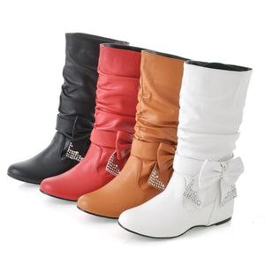 Women rhinestone bowknot fashion slouch mid calf boots