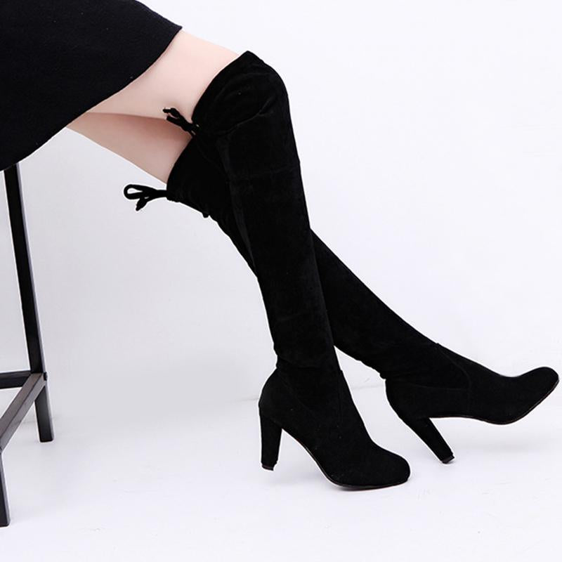 Women Solid Winter Fall Lining Cotton High Heel Chunky Platform Bowknot Fringe Over The Knee Boots