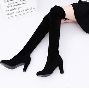 Women Solid Winter Fall Lining Cotton High Heel Chunky Platform Bowknot Fringe Over The Knee Boots