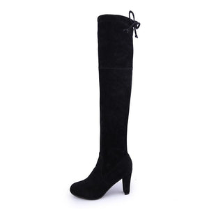 Women Solid Winter Fall Lining Cotton High Heel Chunky Platform Bowknot Fringe Over The Knee Boots