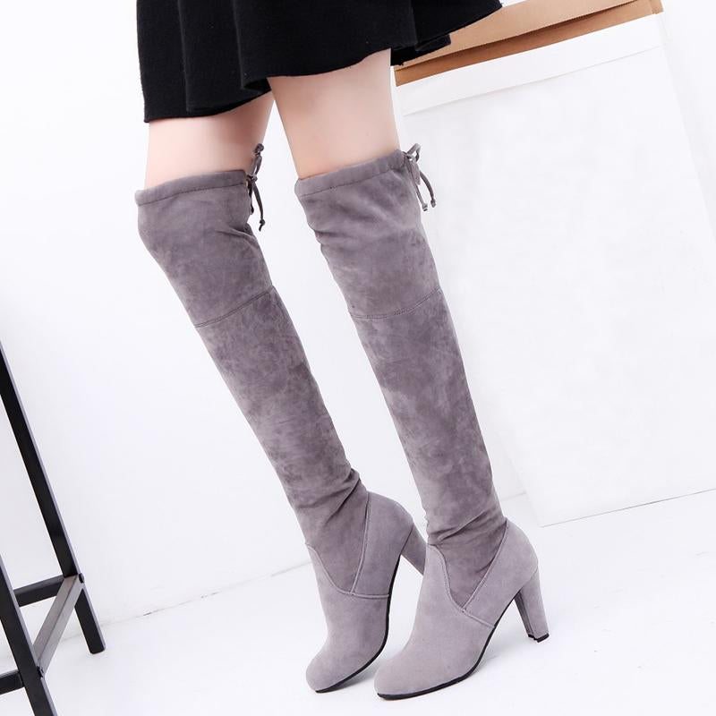 Women Solid Winter Fall Lining Cotton High Heel Chunky Platform Bowknot Fringe Over The Knee Boots