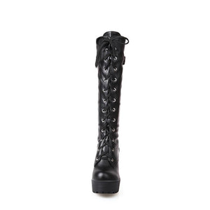 Heeled combat boots plaform lace-up mid calf motorcycle boots