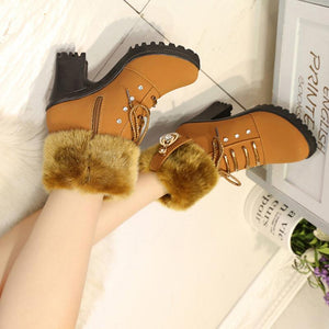 Women High Heel Antiskid Chunky Platform Studded Rhinestone Winter Lace Up Fur Boots