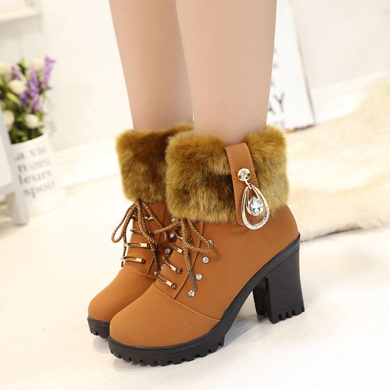 Women High Heel Antiskid Chunky Platform Studded Rhinestone Winter Lace Up Fur Boots