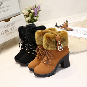 Women High Heel Antiskid Chunky Platform Studded Rhinestone Winter Lace Up Fur Boots