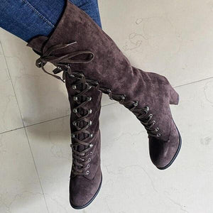 Women's vintage suede chunky block heel lace-up boots gothic steampunk boots