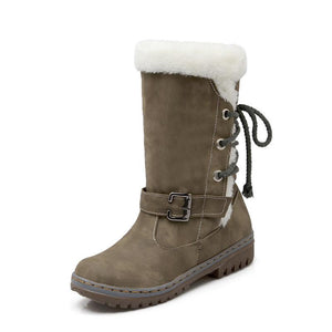 Mid Calf Boots Buckle Fur Lining Flat Snow Boots For Women - GetComfyShoes