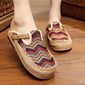 Women rainbow round closed toe linen slide sandals