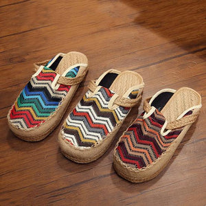 Women rainbow round closed toe linen slide sandals