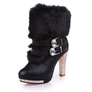 Fashion Rhinestone High Heel Buckle Strap Platform Lining Fur Keep Warm Women Winter Fur Boots