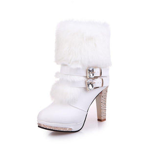 Fashion Rhinestone High Heel Buckle Strap Platform Lining Fur Keep Warm Women Winter Fur Boots