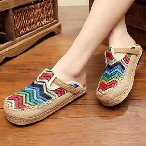 Women rainbow round closed toe linen slide sandals