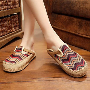 Women rainbow round closed toe linen slide sandals