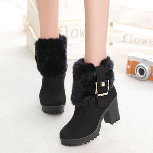 Women's warm lining chunky block heel ankle boots faux fur cuff bukcle strap booties