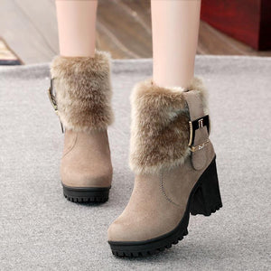 Women's warm lining chunky block heel ankle boots faux fur cuff bukcle strap booties