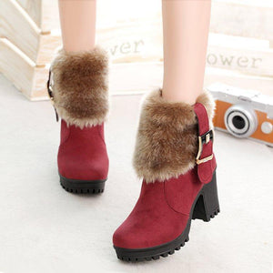 Women's warm lining chunky block heel ankle boots faux fur cuff bukcle strap booties