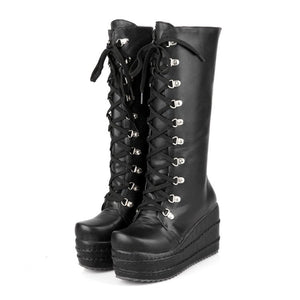 Women winter knee high lace up chunky platform boots