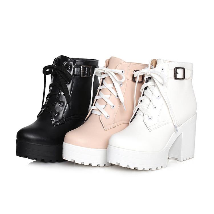 Women ankle buckle strap lace up block heel platform boots