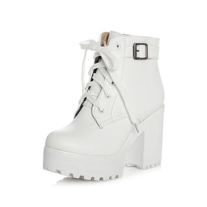 Women ankle buckle strap lace up block heel platform boots