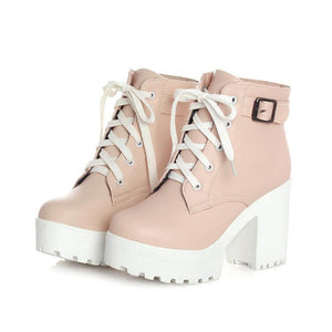 Women ankle buckle strap lace up block heel platform boots