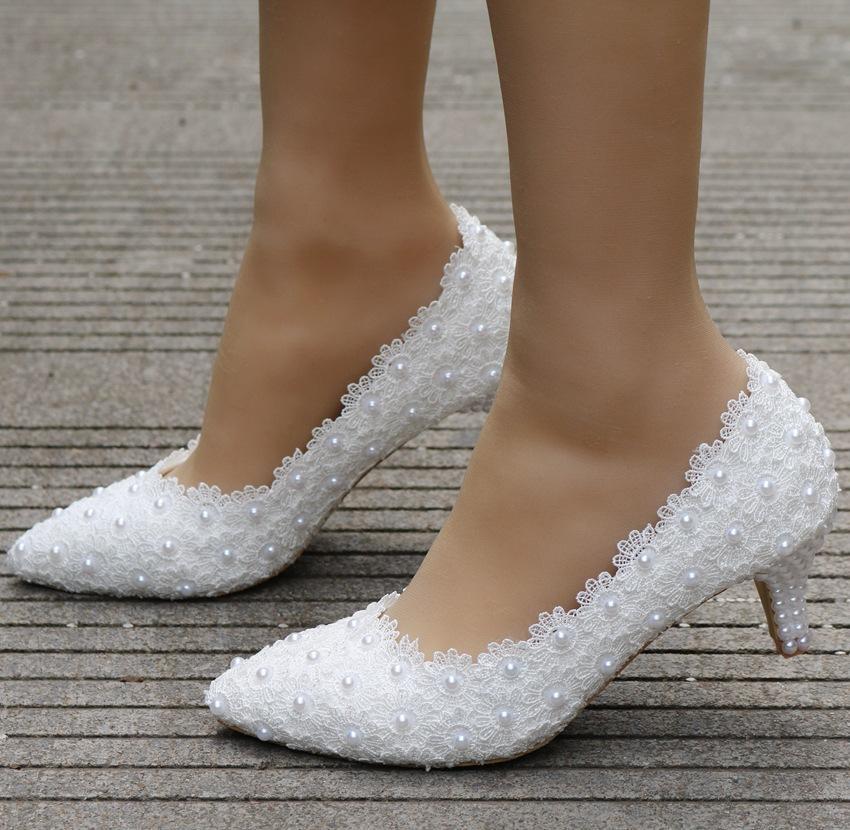 Women's white floral lace wedding pumps